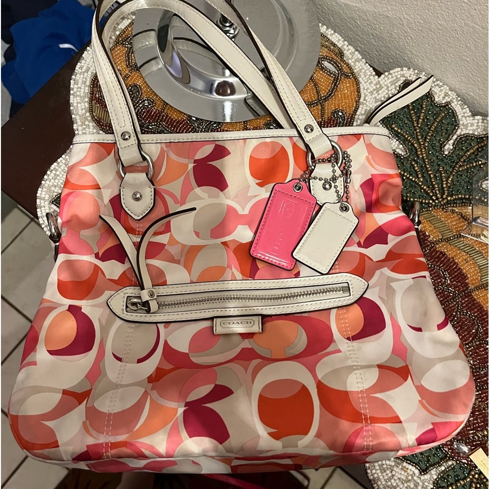 Coach Various Color Pinks Large C Colorful Purse. White Leather Trim Handles.EUC